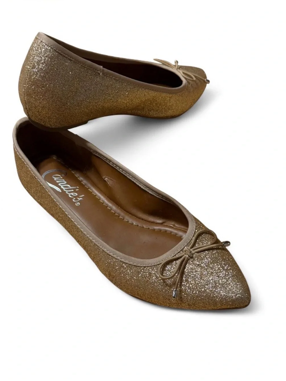 Glitter Pointed-Toe Ballet Flats in Champagne